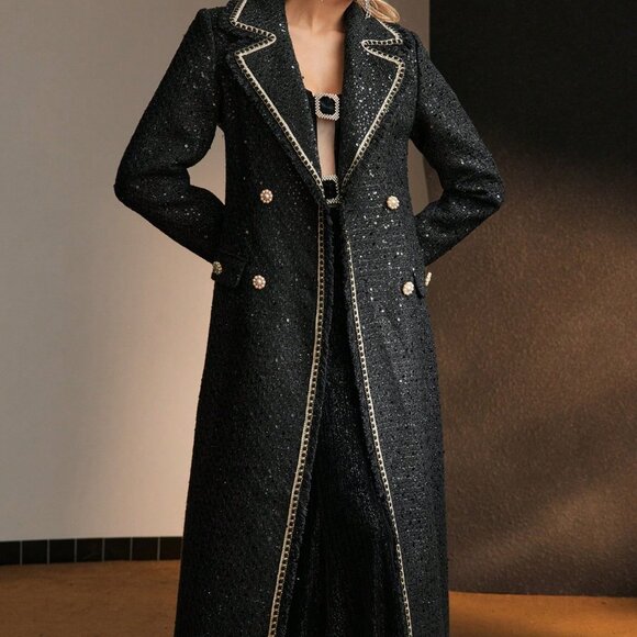 Black Elegant Women's Tweed Sequin Double Breasted Lapel Collar Overcoat Jacket - Picture 3 of 14